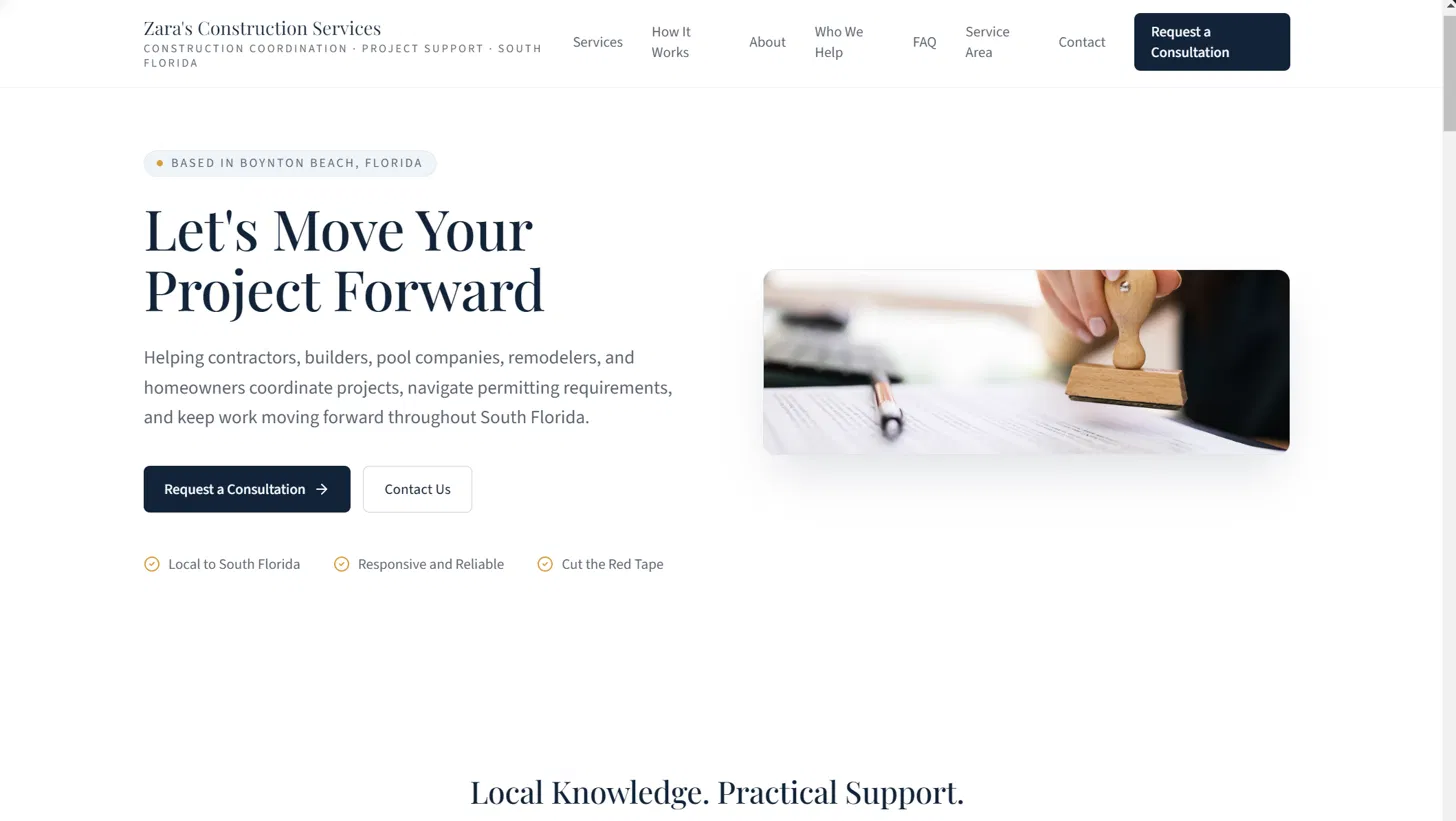 Zara's Construction Services website